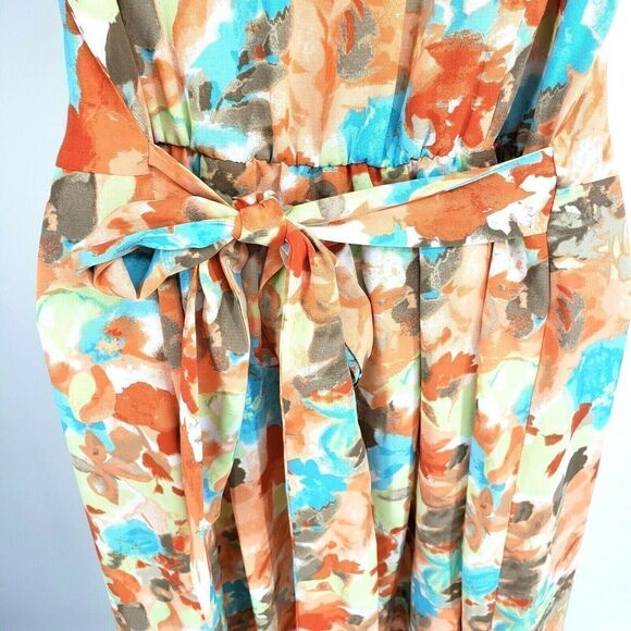 Y2K Multicolor Midi Dress Buttons Front Tie Waist Sleeveless Tie Waist Prairie - Picture 7 of 11